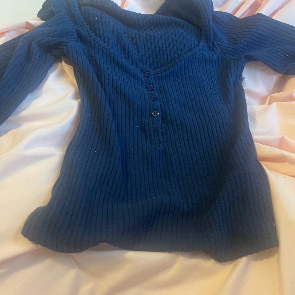 Navy Blue Ribbed Long Sleeve Top